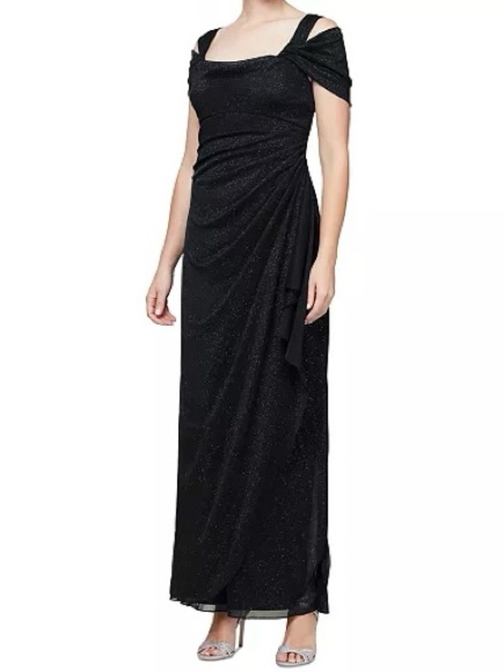 Alex Evenings Cold-Shoulder Black Draped Metallic Gown Stretchy NWT - Picture 5 of 10
